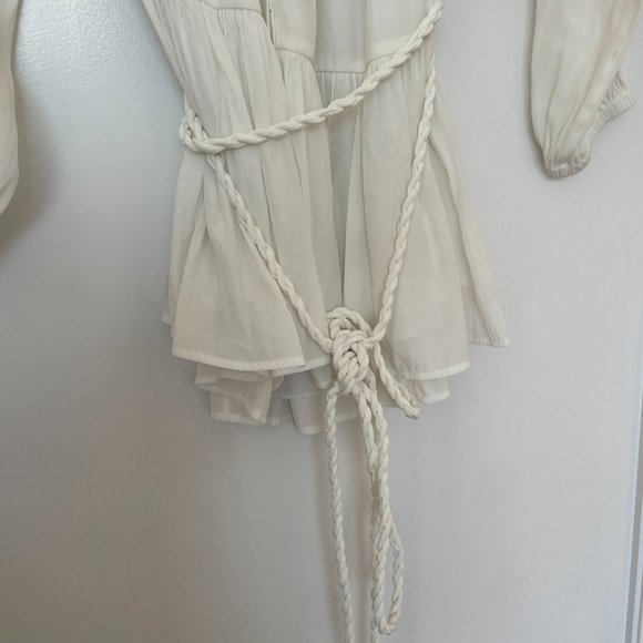 A.L.C. Blouson Long Sleeve Mini Dress White Button Up String Belt Flounce Hem - Picture 6 of 11